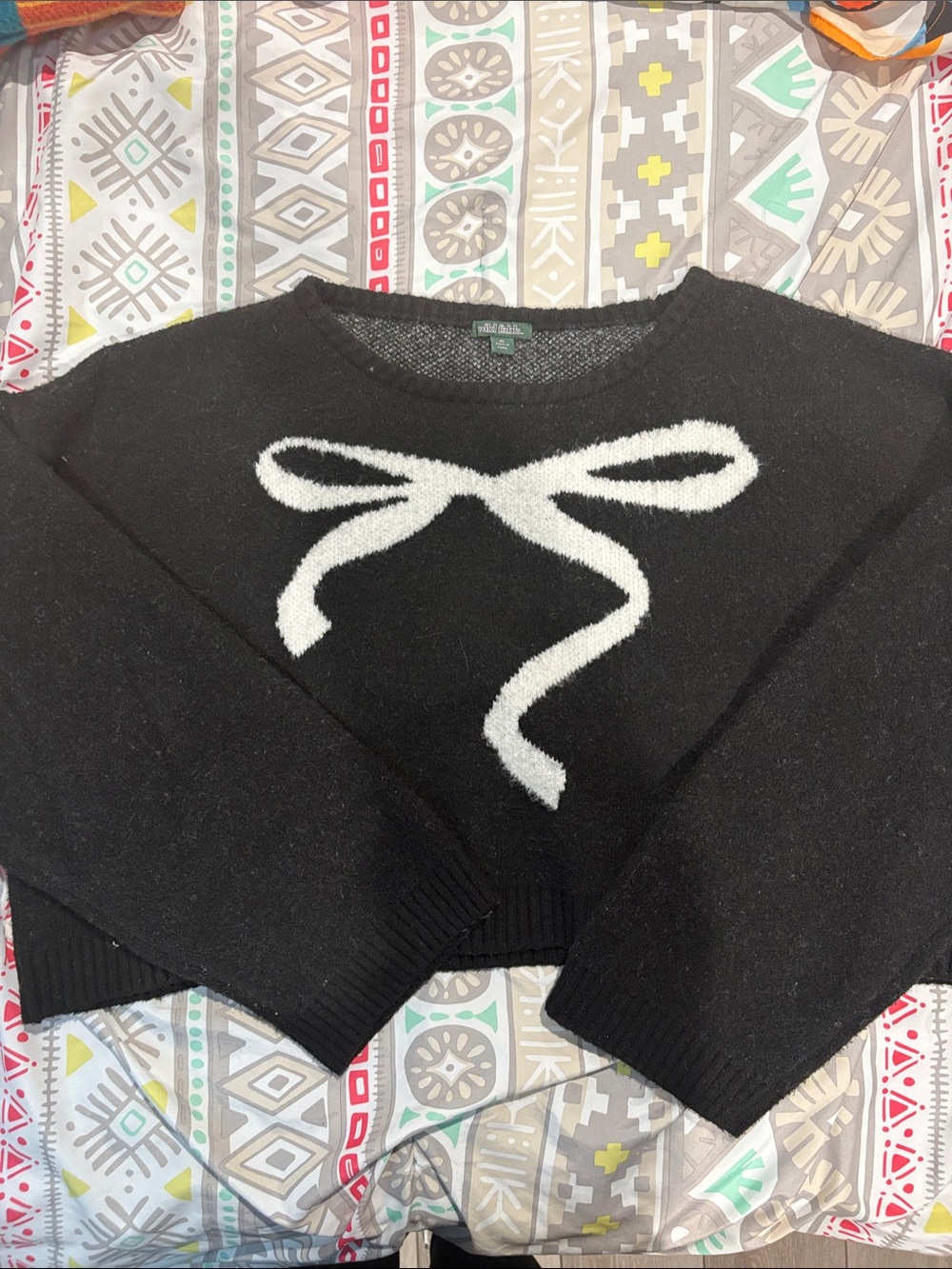 wild fable Black Crewneck Sweater with White Bow Motif